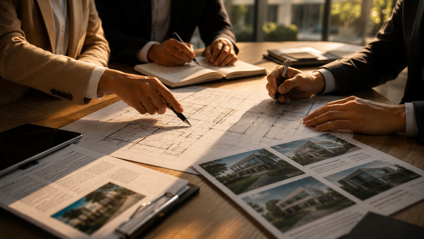 Hands reviewing architectural plans on a table in warm sunlight